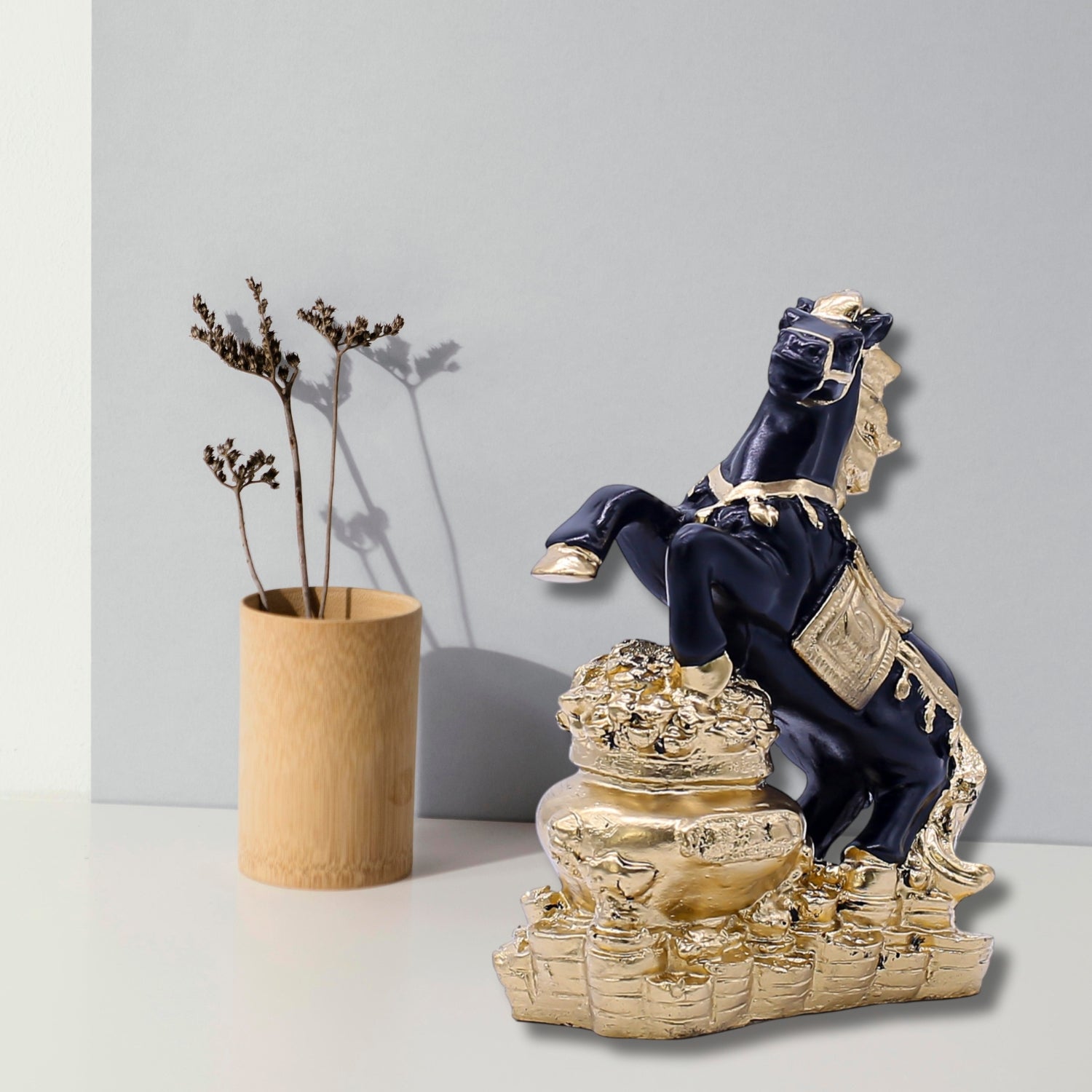 Luxurious Black and Gold Rearing Horse Sculpture on Wealth Pot Decorative Base