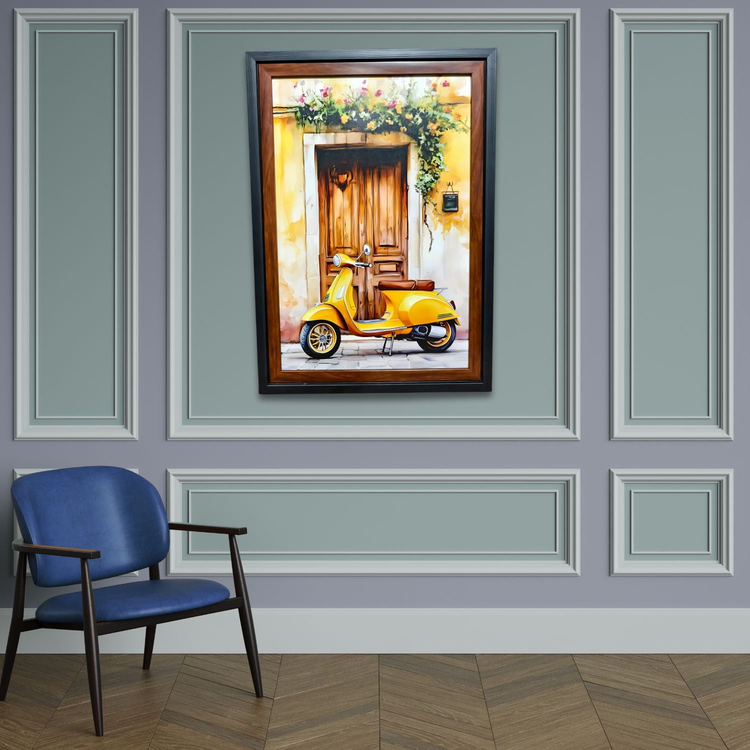 Vintage Yellow Scooter Wall Art - Italian Doorway Scene Painting Decor