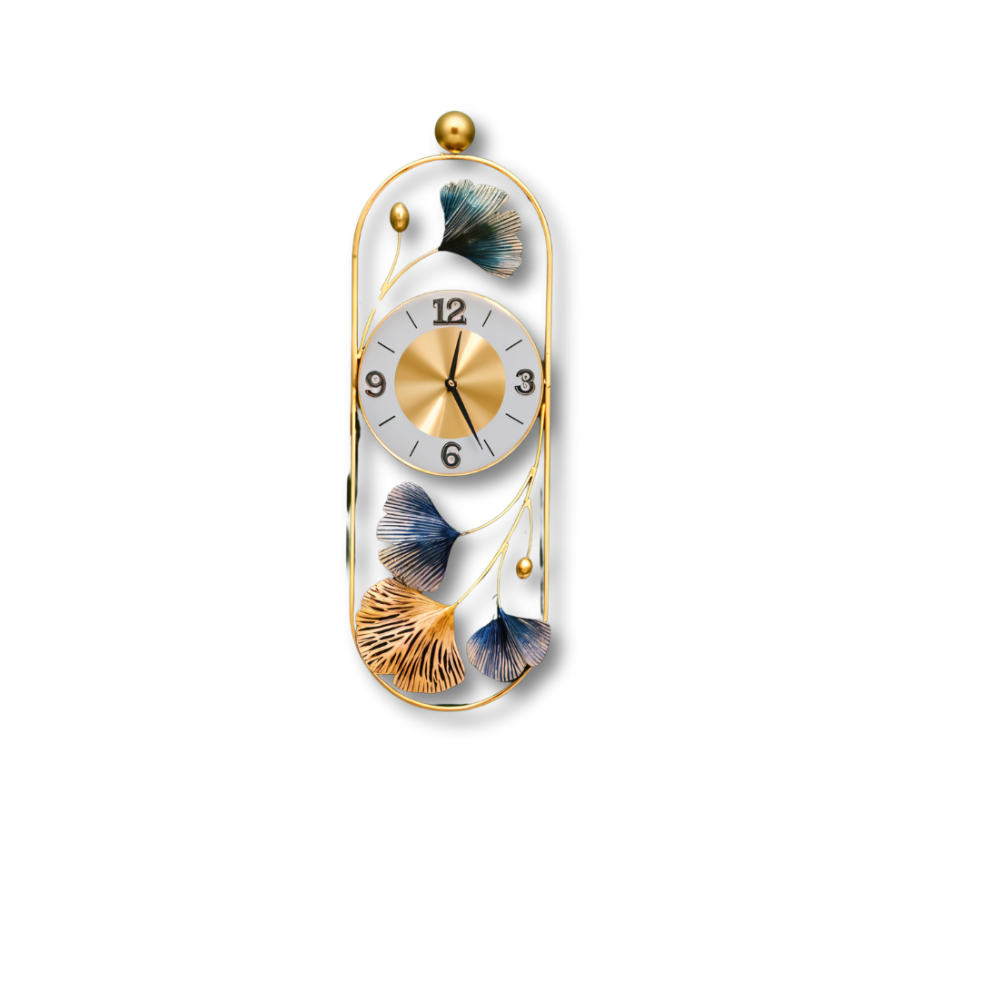 Modern Floral Metal Wall Clock – Elegant Gold & Blue Design