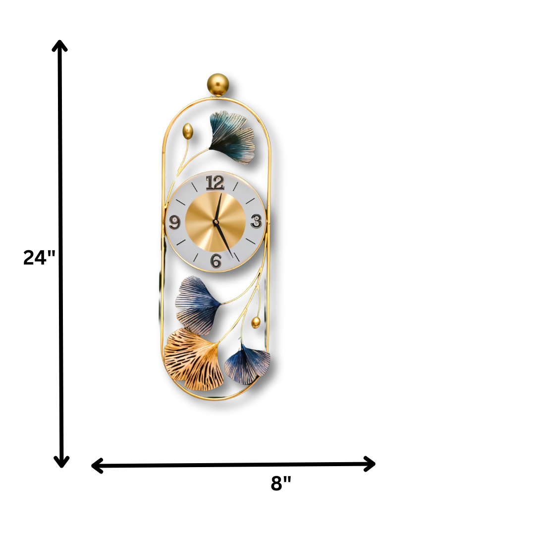 Modern Floral Metal Wall Clock – Elegant Gold & Blue Design
