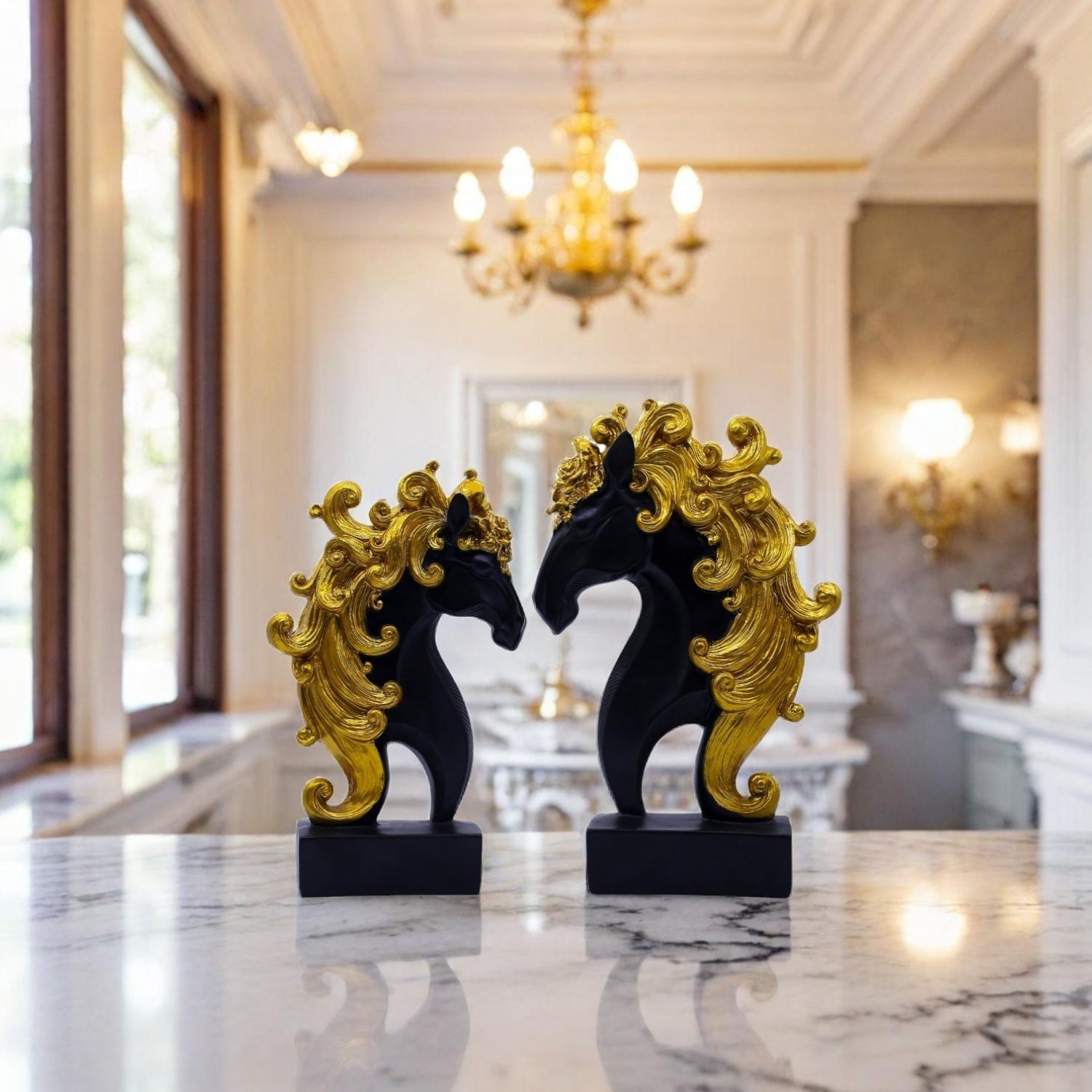 Elegant Black Horse Statues With Gold Mane For Luxurious Decor