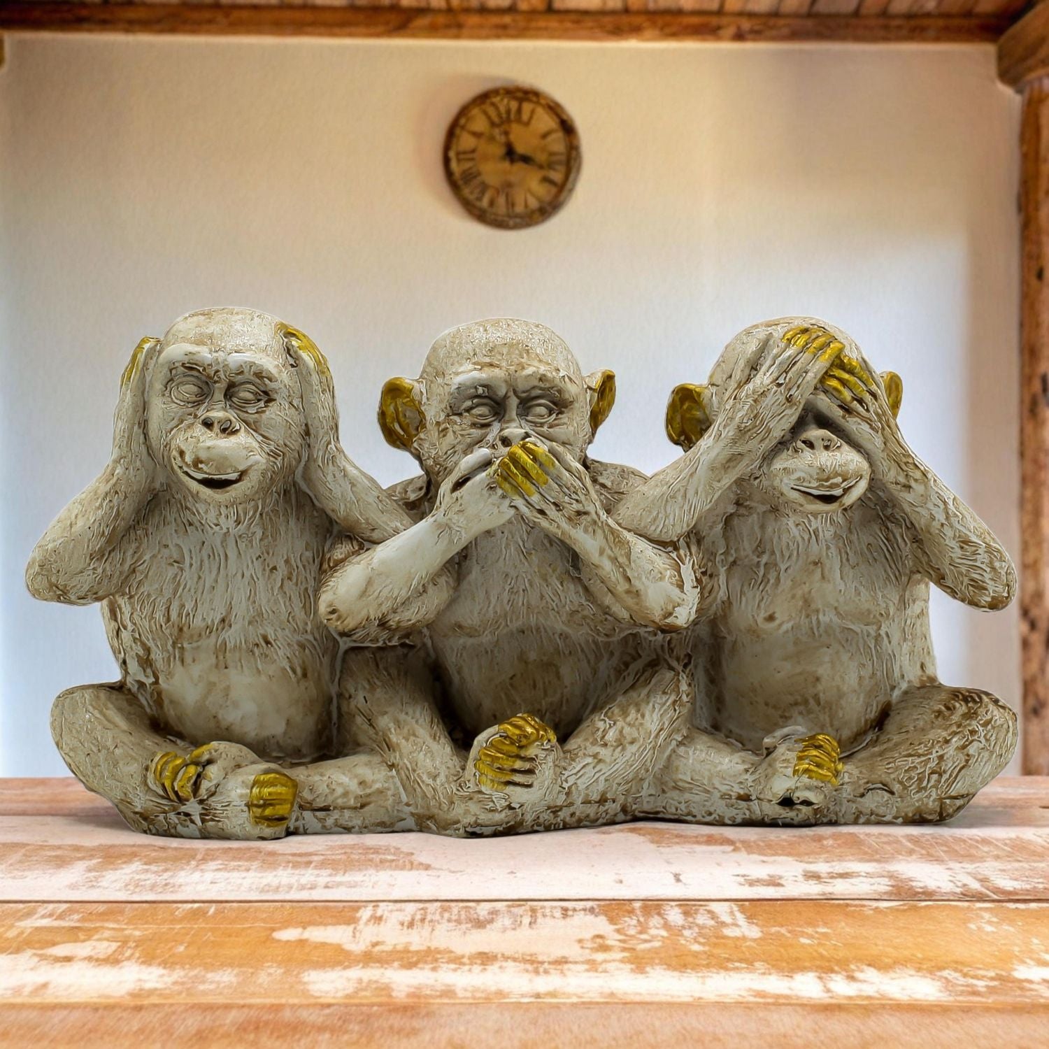 Three Wise Monkeys Sculpture With Gold Accents, Symbolizing Wisdom & Positivity