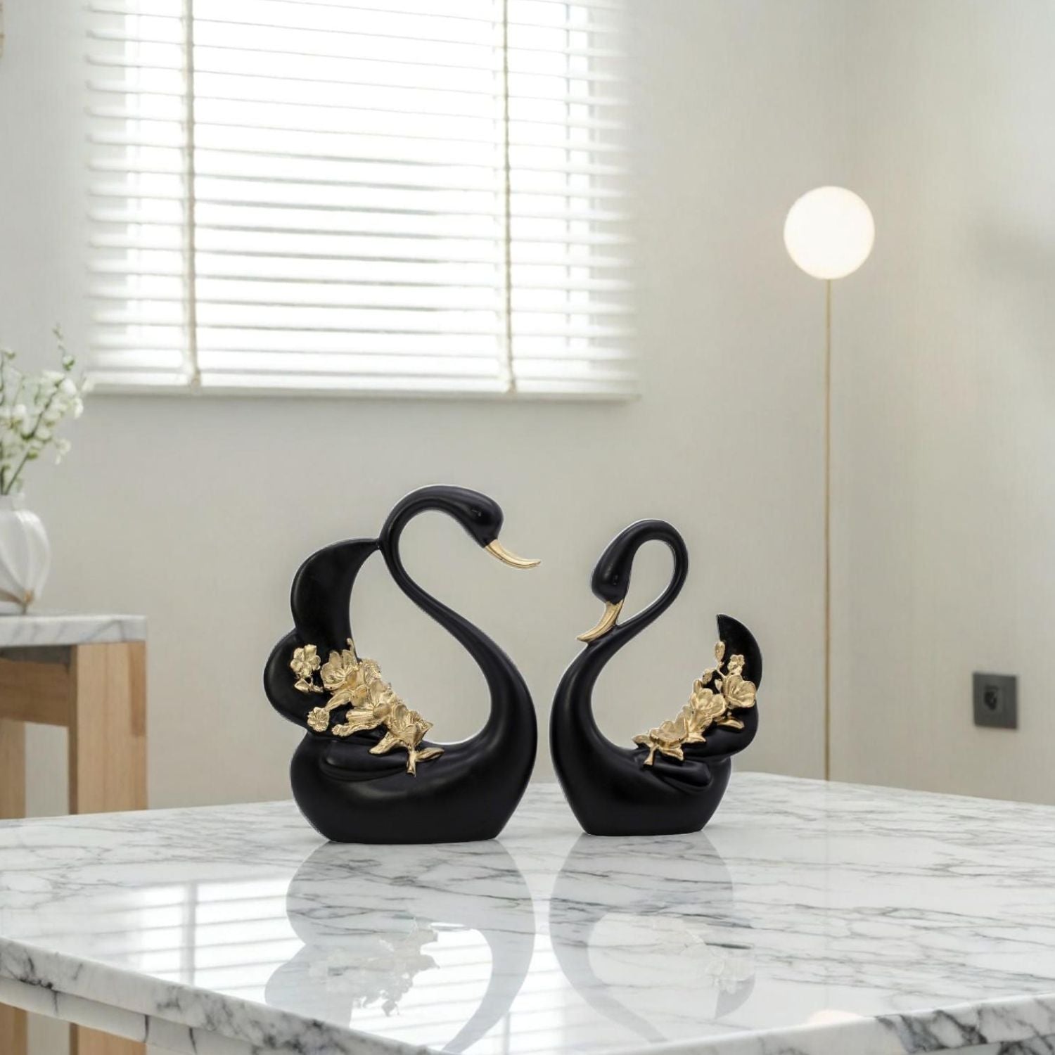 Luxury Black Swan Figurines With Gold Floral Design For Decor