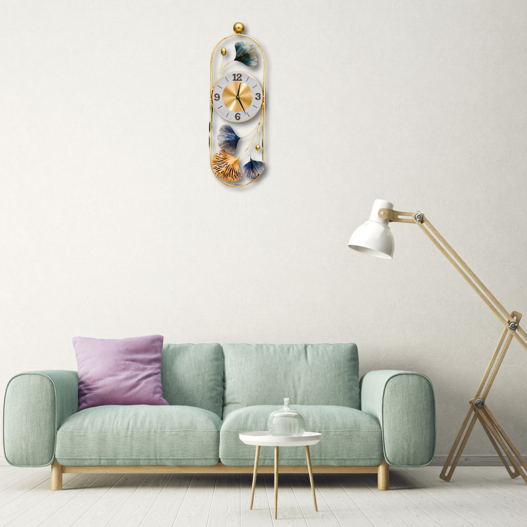 Modern Floral Metal Wall Clock – Elegant Gold & Blue Design