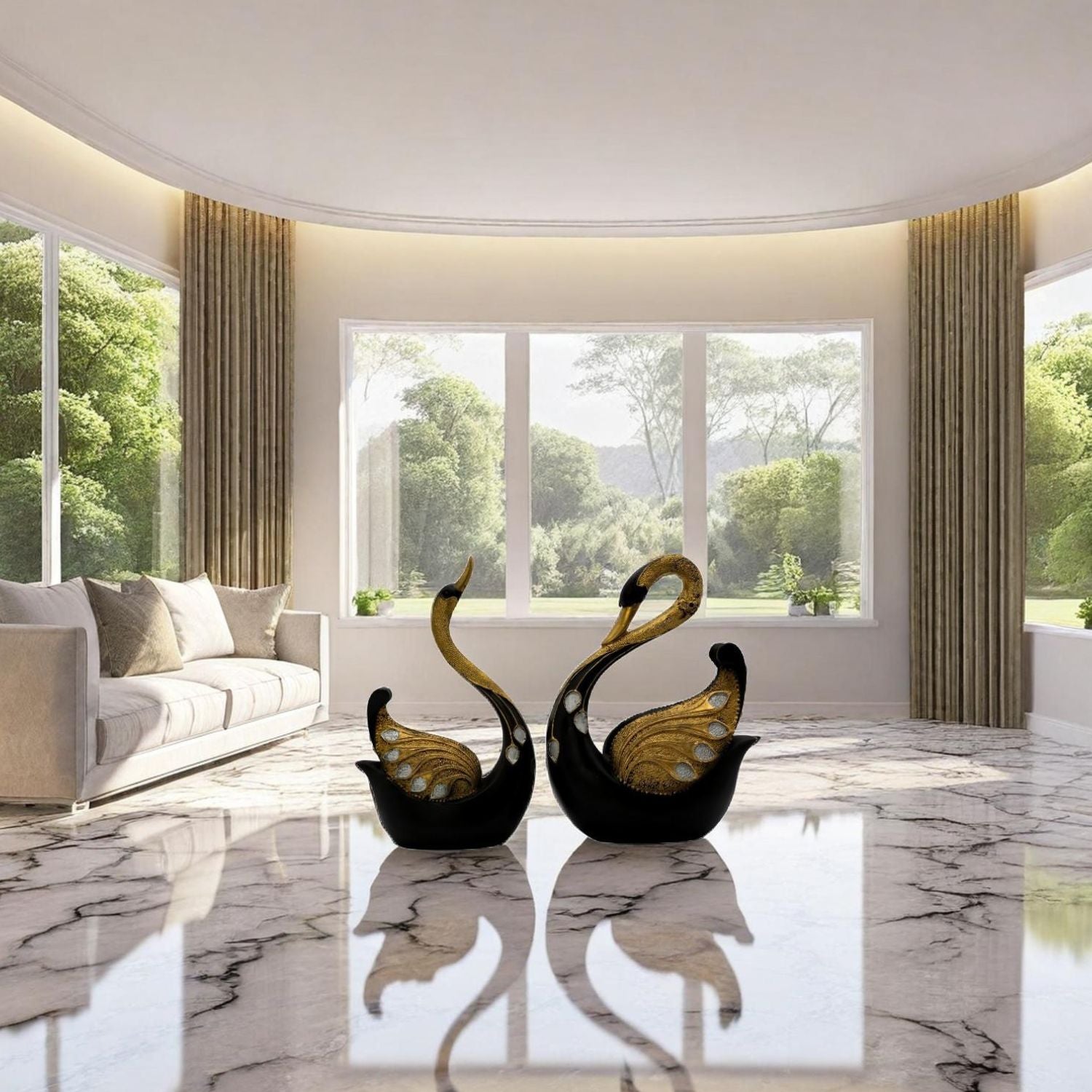 Luxurious Black Swan Sculpture With Gold Accents & Gemstones