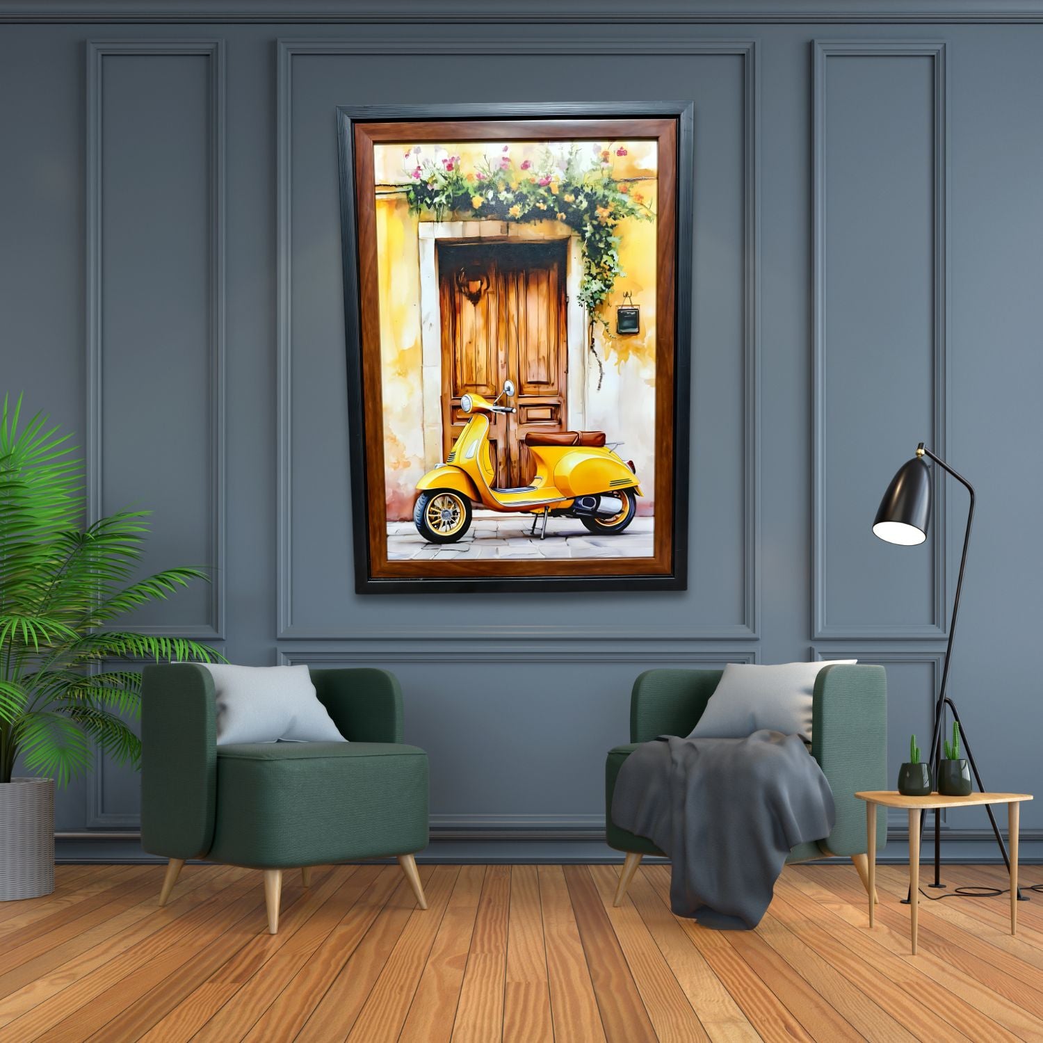 Vintage Yellow Scooter Wall Art - Italian Doorway Scene Painting Decor