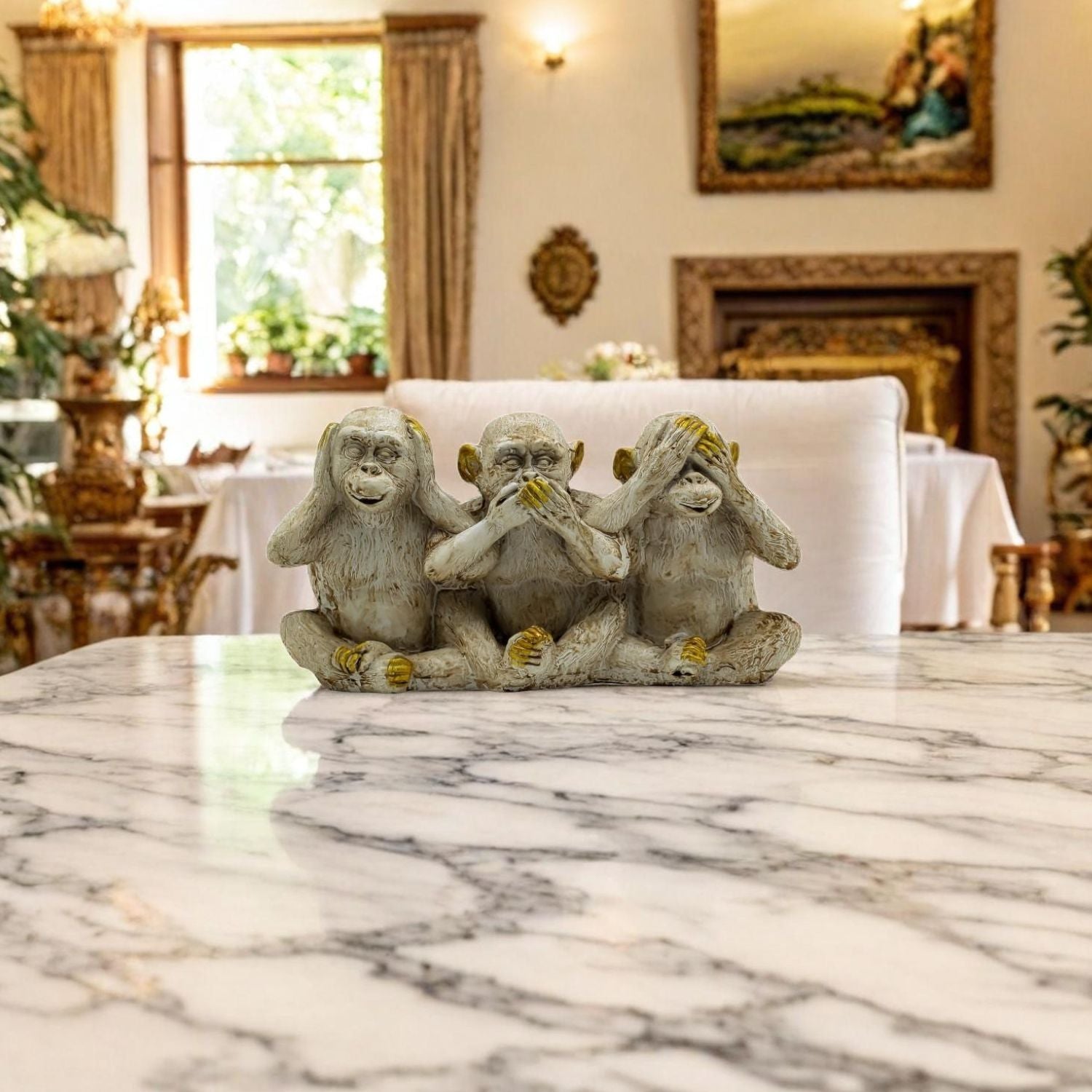 Three Wise Monkeys Sculpture With Gold Accents, Symbolizing Wisdom & Positivity