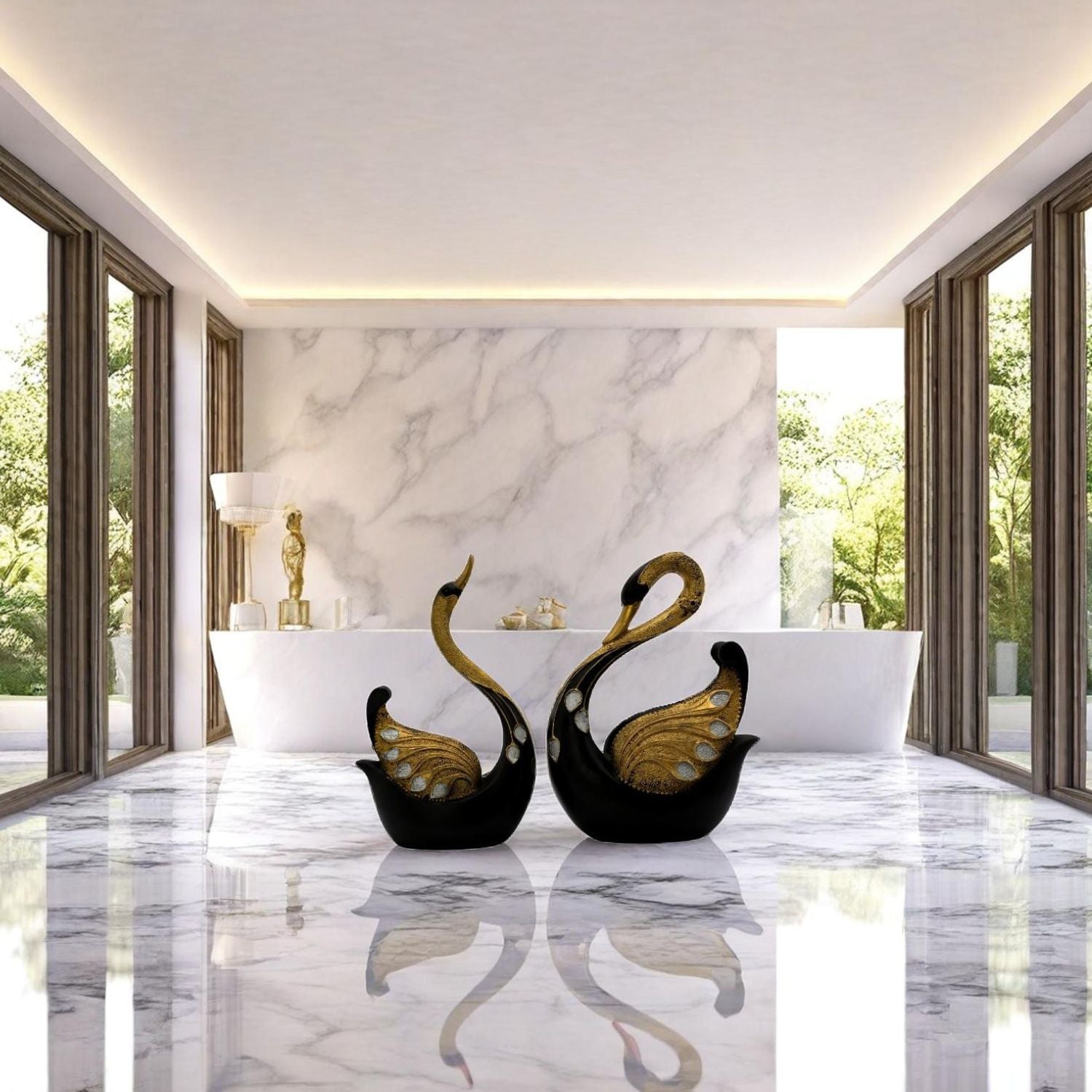 Luxurious Black Swan Sculpture With Gold Accents & Gemstones