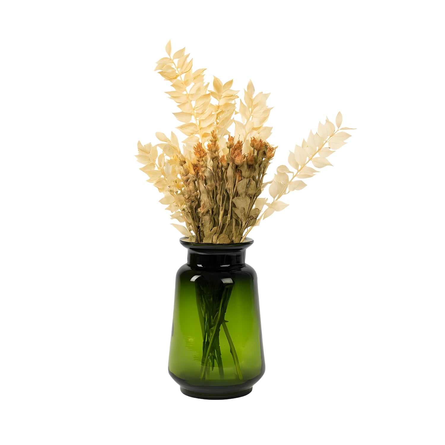 Elegant Emerald Glass Vase With Premium Decorative Dried Floral Bunch