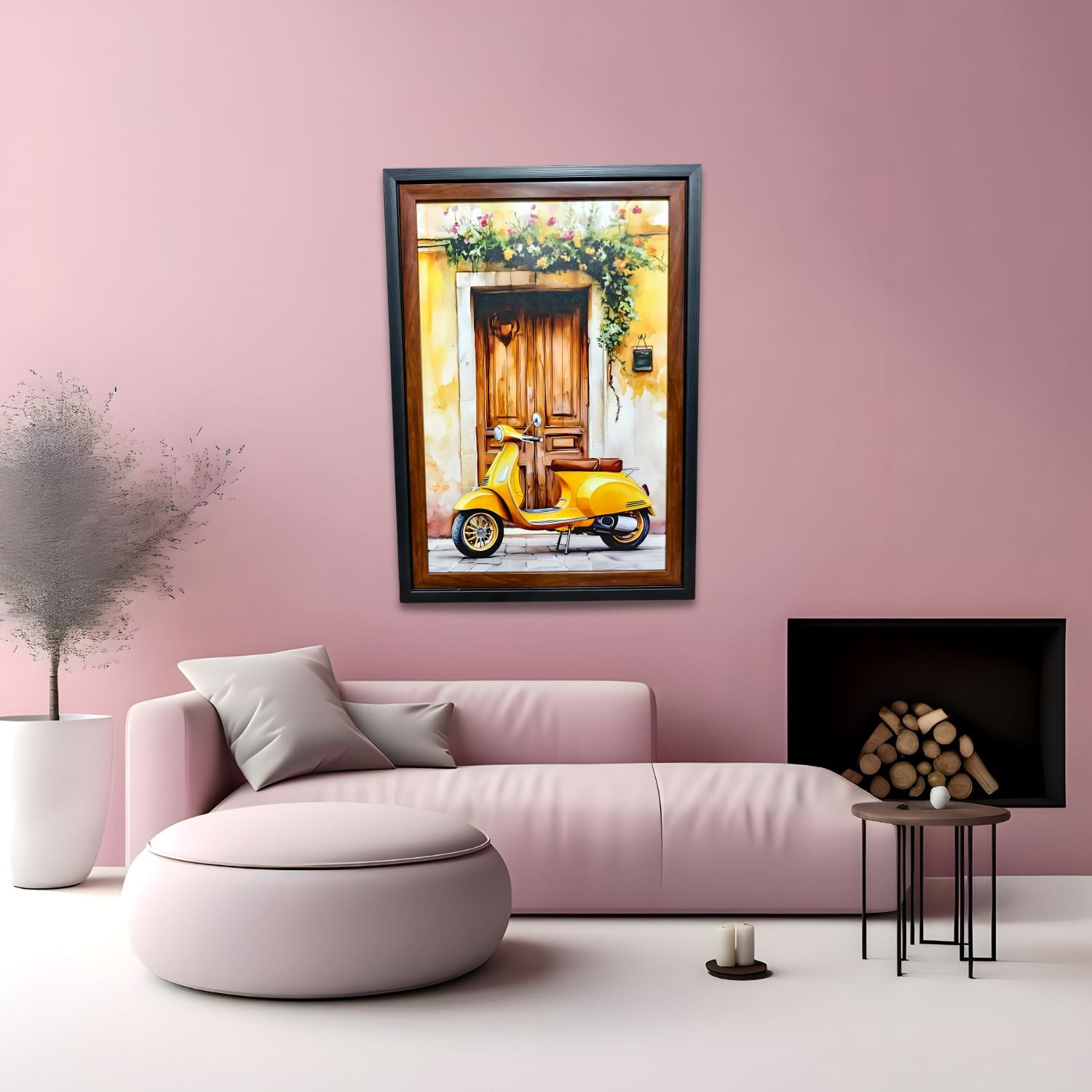 Vintage Yellow Scooter Wall Art - Italian Doorway Scene Painting Decor