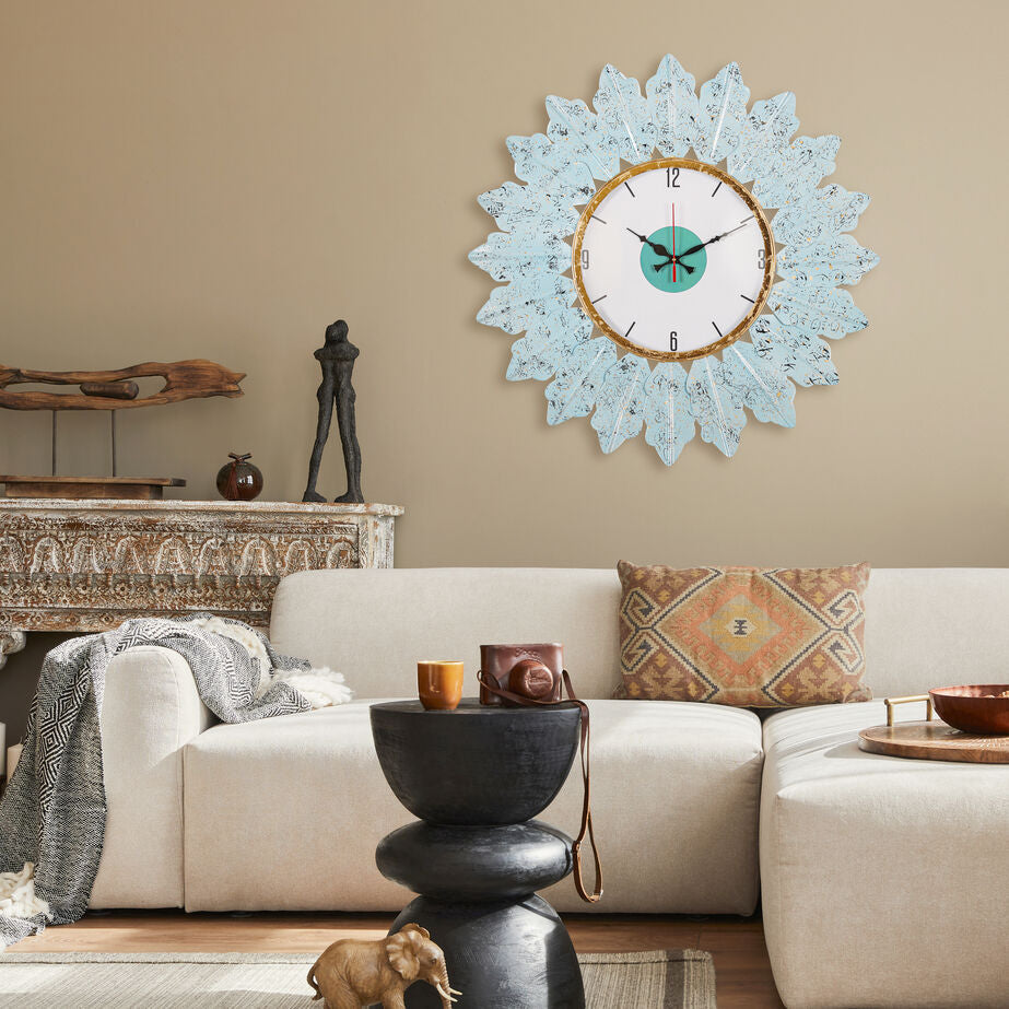 Vintage Blue Leaf Wall Clock with Gold Accents & Modern Dial