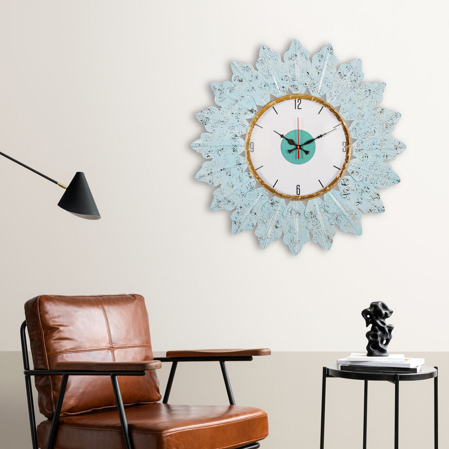 Vintage Blue Leaf Wall Clock with Gold Accents & Modern Dial