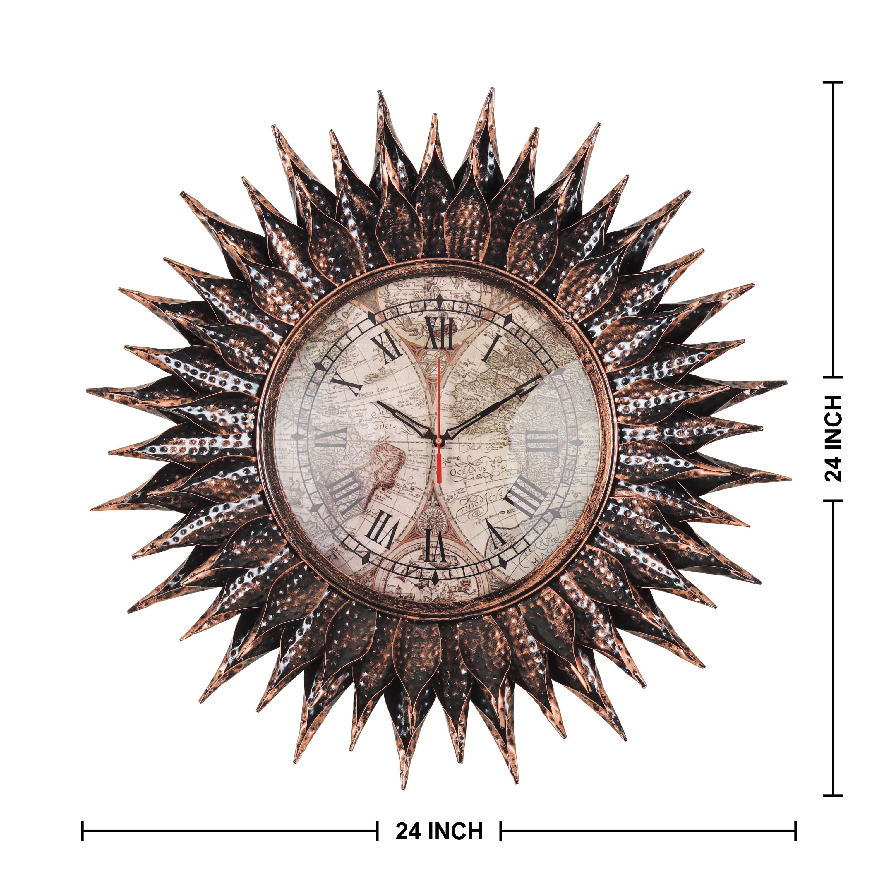 Vintage Sunburst Metal Wall Clock with Roman Numerals Design