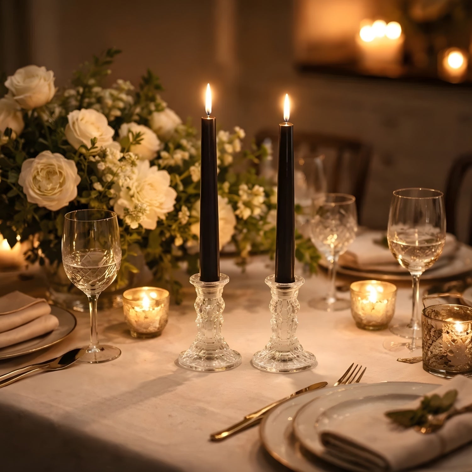 Elegant Midnight Flame Black Taper Candle Set With Glass Stand