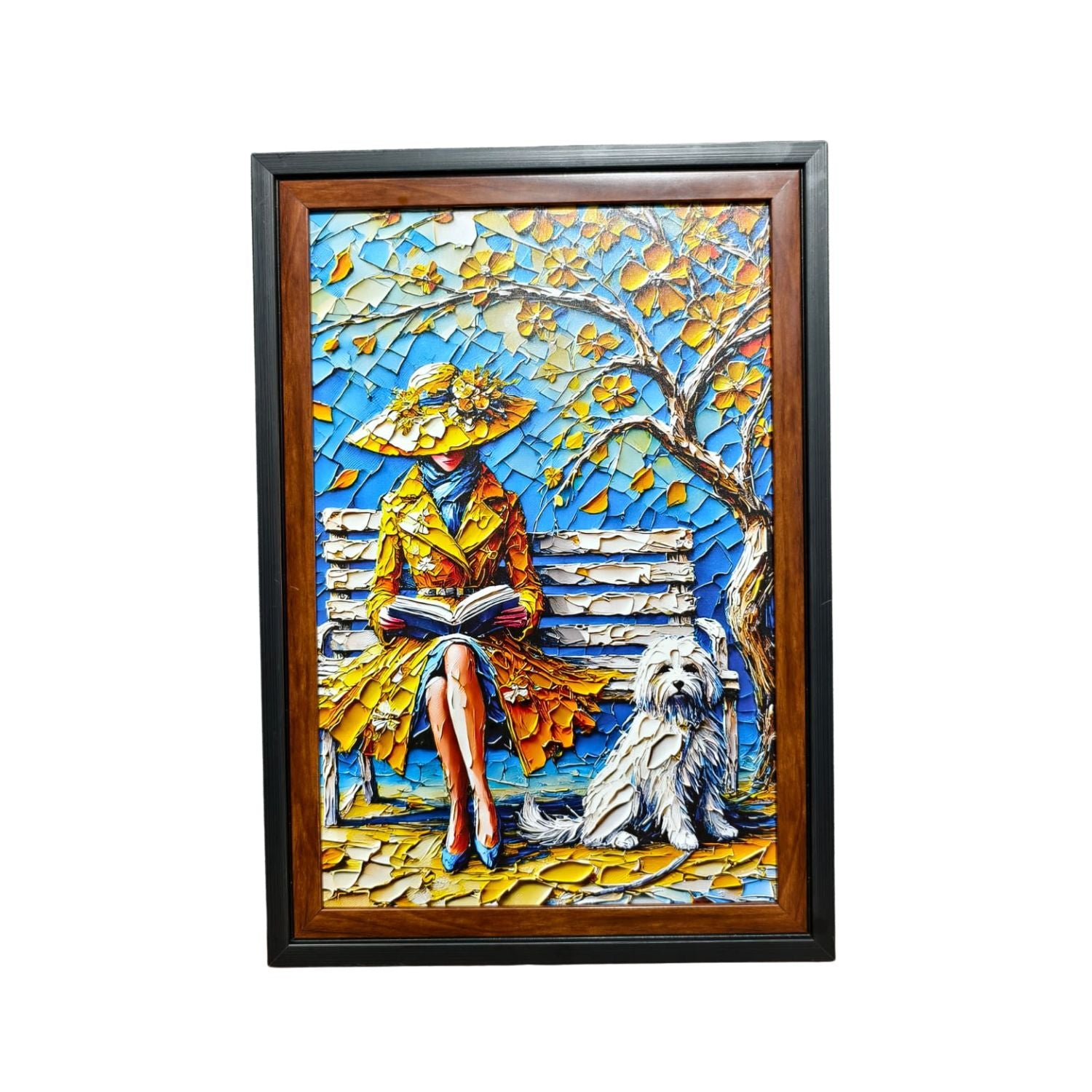 Elegant Lady Reading On Park Bench With Dog - Textured Wall Art