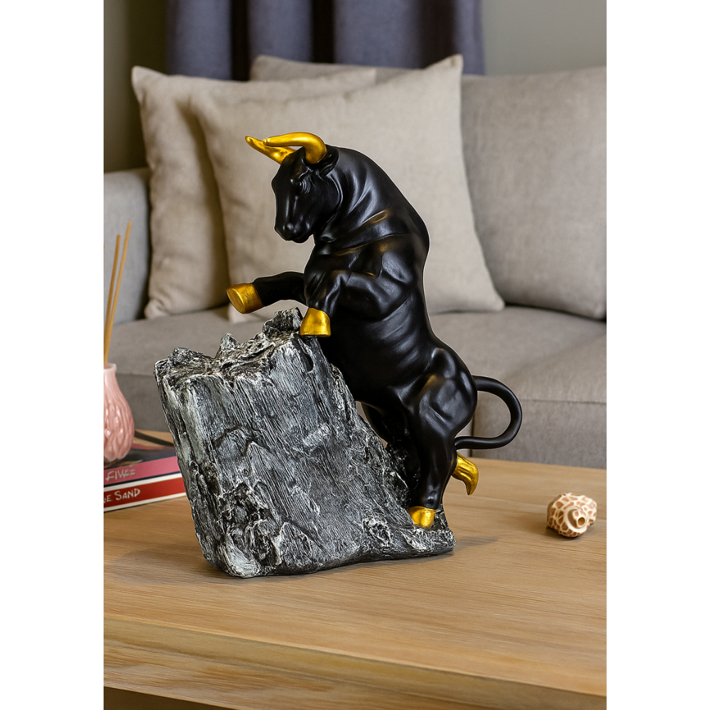 Majestic Black Bull Sculpture With Gold Accents on Rocky Display Base