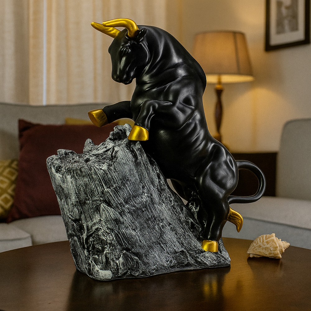 Majestic Black Bull Sculpture With Gold Accents on Rocky Display Base