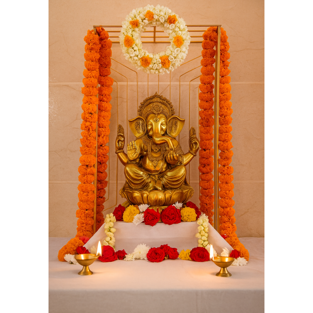 Elegant Floral Gold Pooja Metal Stand for Home Decor