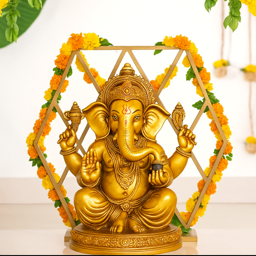 Geometric Diamond Frame Gold Pooja Metal Stand for Decor