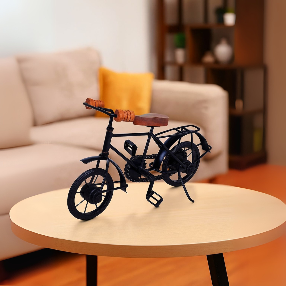 Vintage Black Bicycle Showpiece With Wooden Handle And Seat