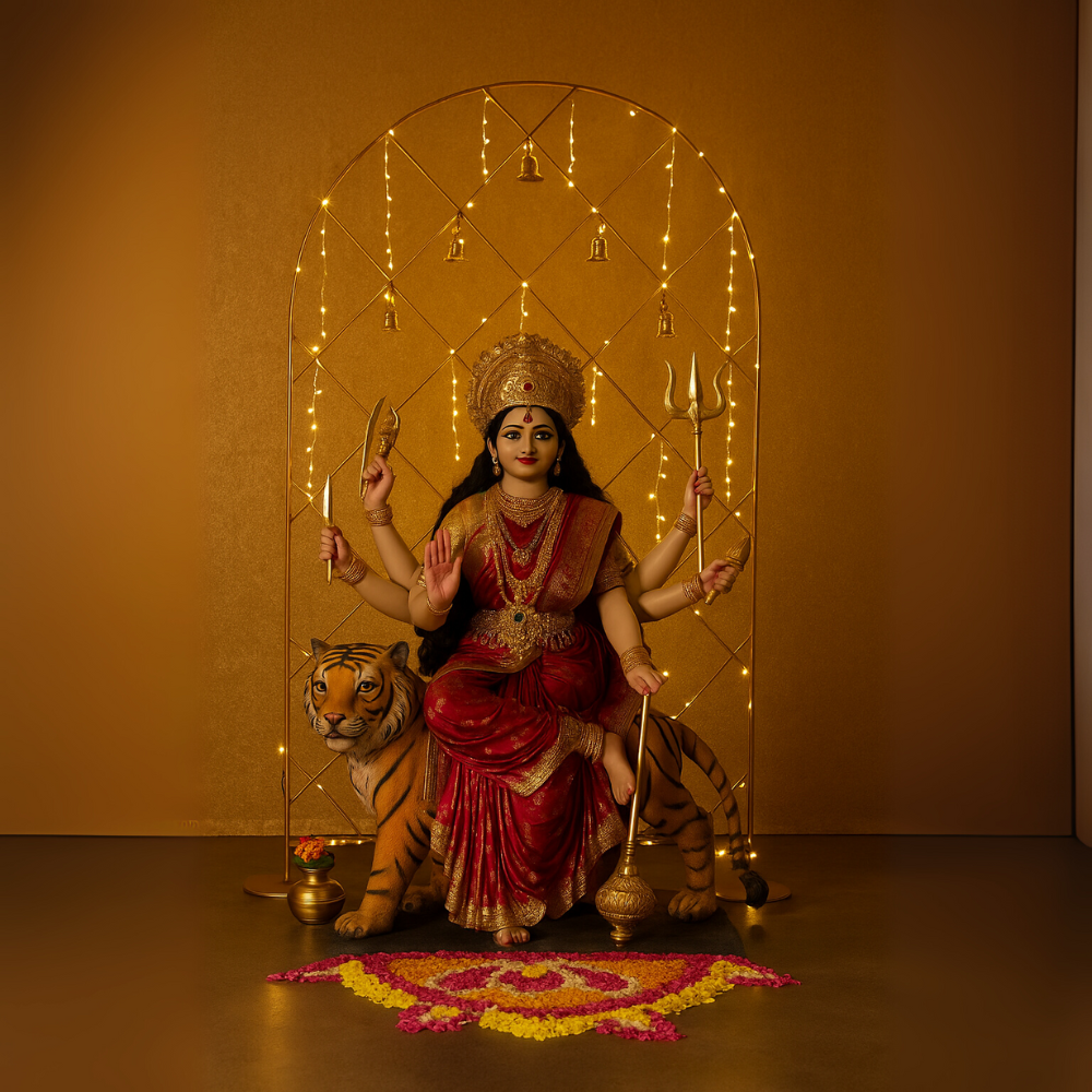 Elegant Gold Arch Pooja Stand (Bells and Pearls not included)