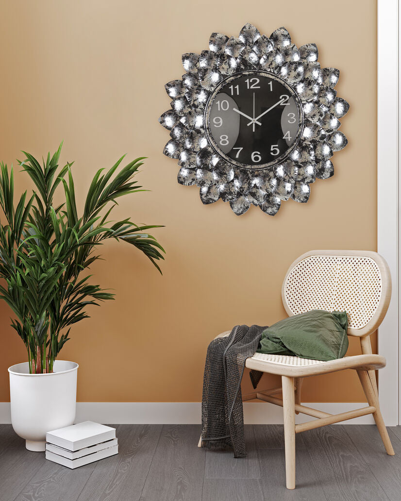 Luxury Black Silver Flower Wall Clock with Metallic Finish