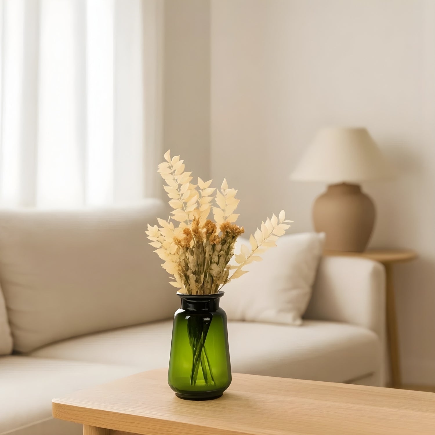 Elegant Emerald Glass Vase With Premium Decorative Dried Floral Bunch