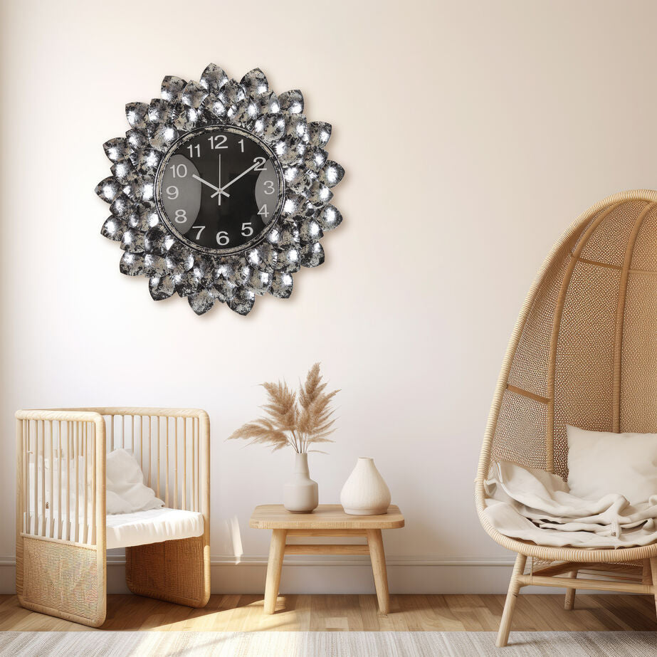 Luxury Black Silver Flower Wall Clock with Metallic Finish