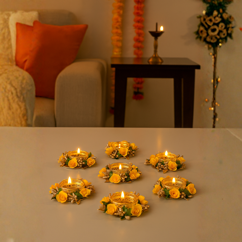 Yellow Rose Tealight Candle Holders — Floral Diya Ring Decor for Diwali [set of 6]