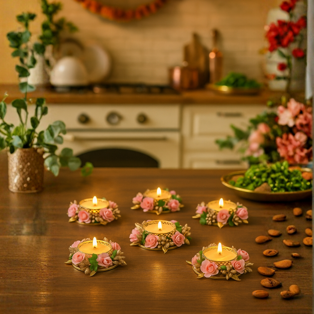 Floral Tealight Candle Holders with Rose & Gold Accents — Decorative Home Decor Piece [Set of 6]