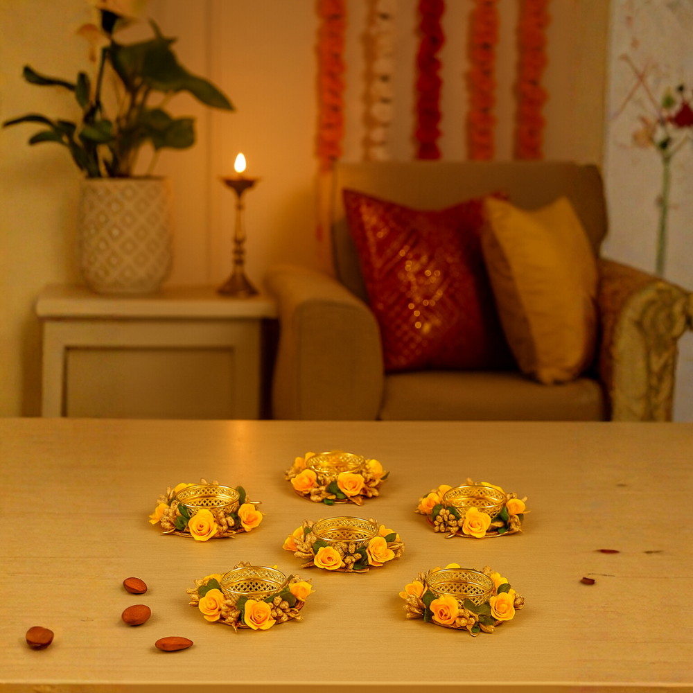 Yellow Rose Tealight Candle Holders — Floral Diya Ring Decor for Diwali [set of 6]