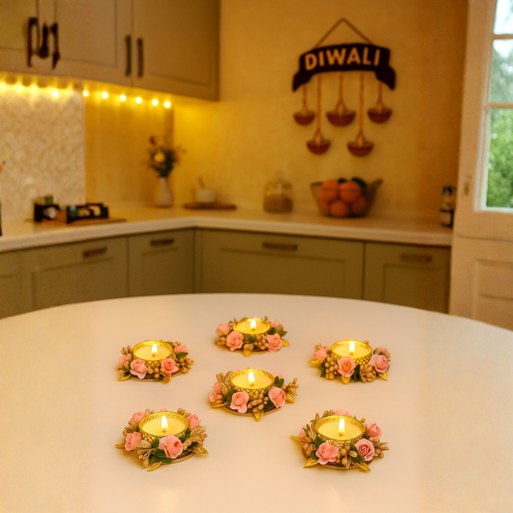Floral Tealight Candle Holders with Rose & Gold Accents — Decorative Home Decor Piece [Set of 6]