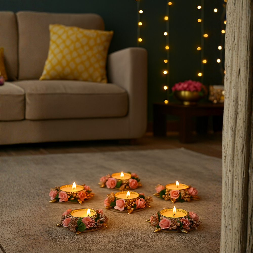 Floral Tealight Candle Holders with Rose & Gold Accents — Decorative Home Decor Piece [Set of 6]