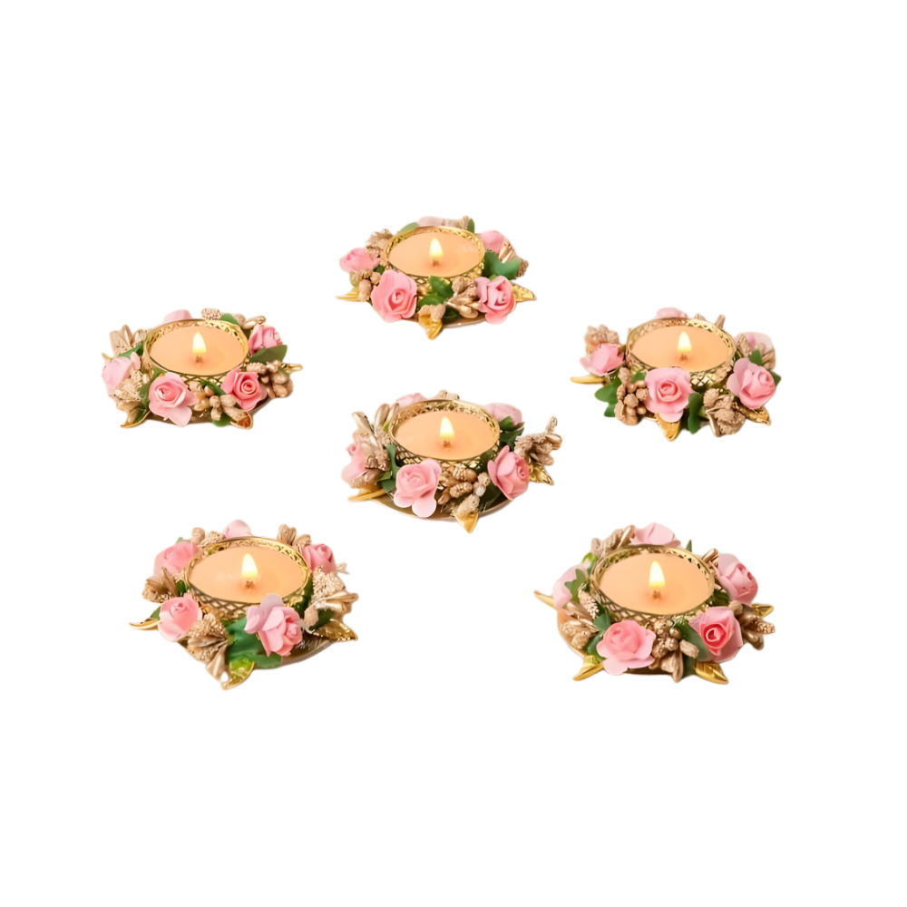 Floral Tealight Candle Holders with Rose & Gold Accents — Decorative Home Decor Piece [Set of 6]