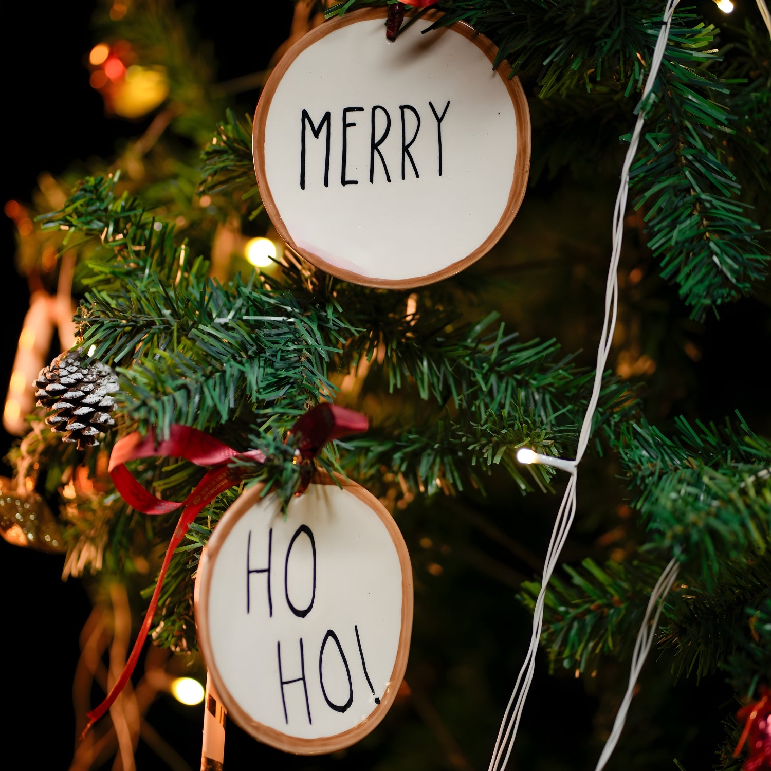 Elegant Set of Ceramic "MERRY" and "HO HO" Christmas Ornaments