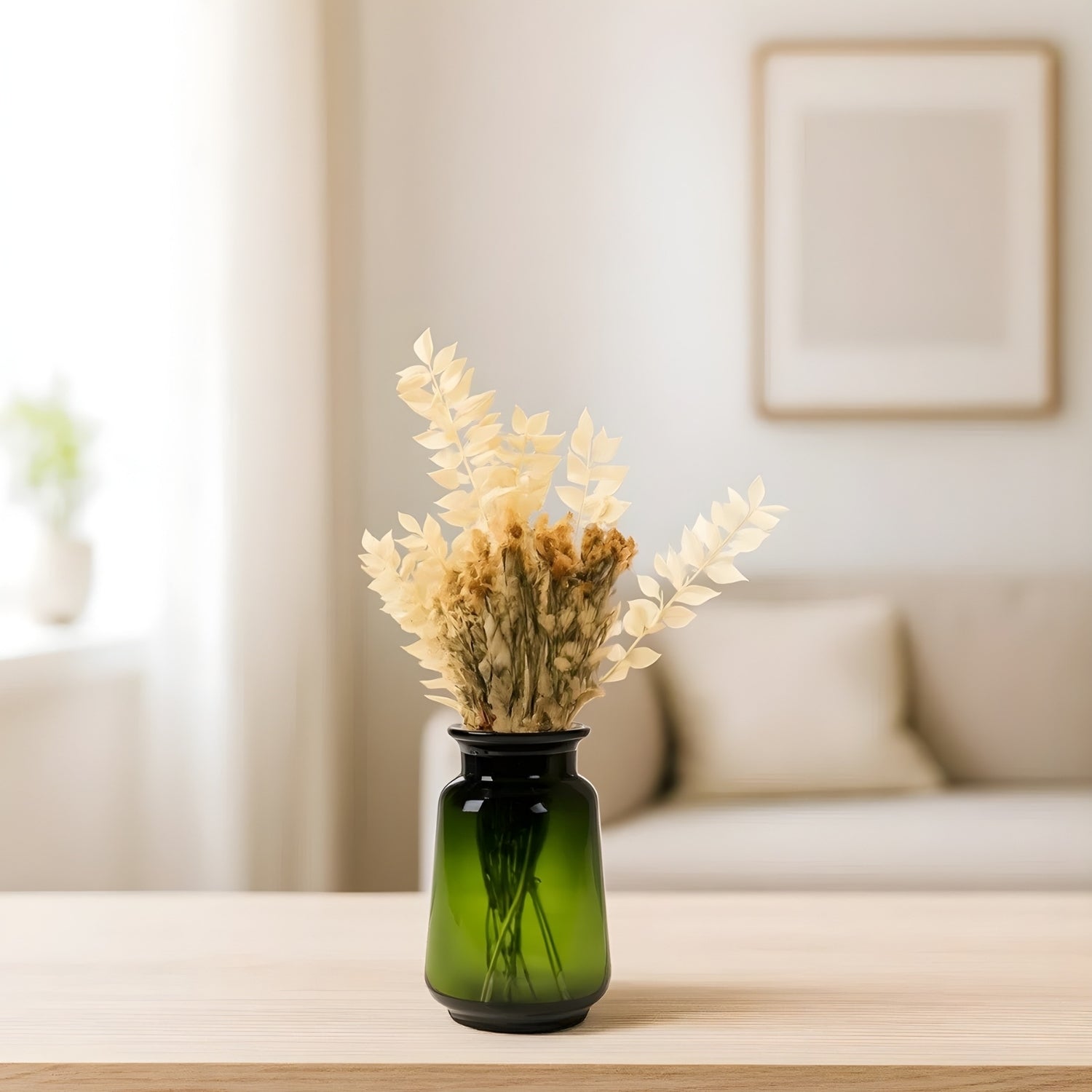 Elegant Emerald Glass Vase With Premium Decorative Dried Floral Bunch