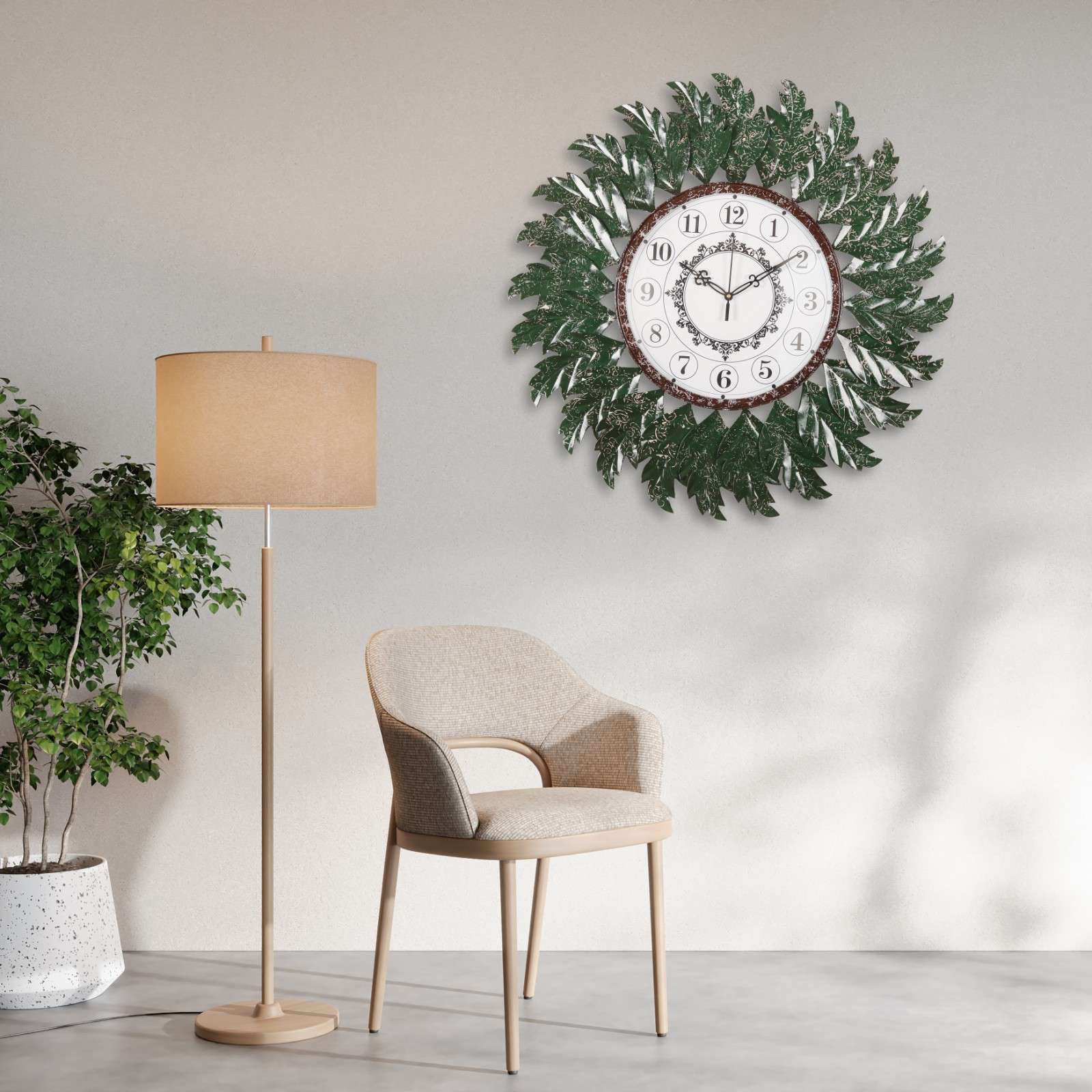 Elegant Green Leaf Wall Clock – Nature-Inspired Home Décor