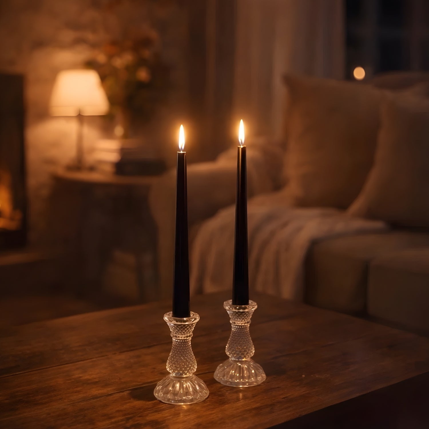 Elegant Midnight Flame Black Taper Candle Set With Glass Stand