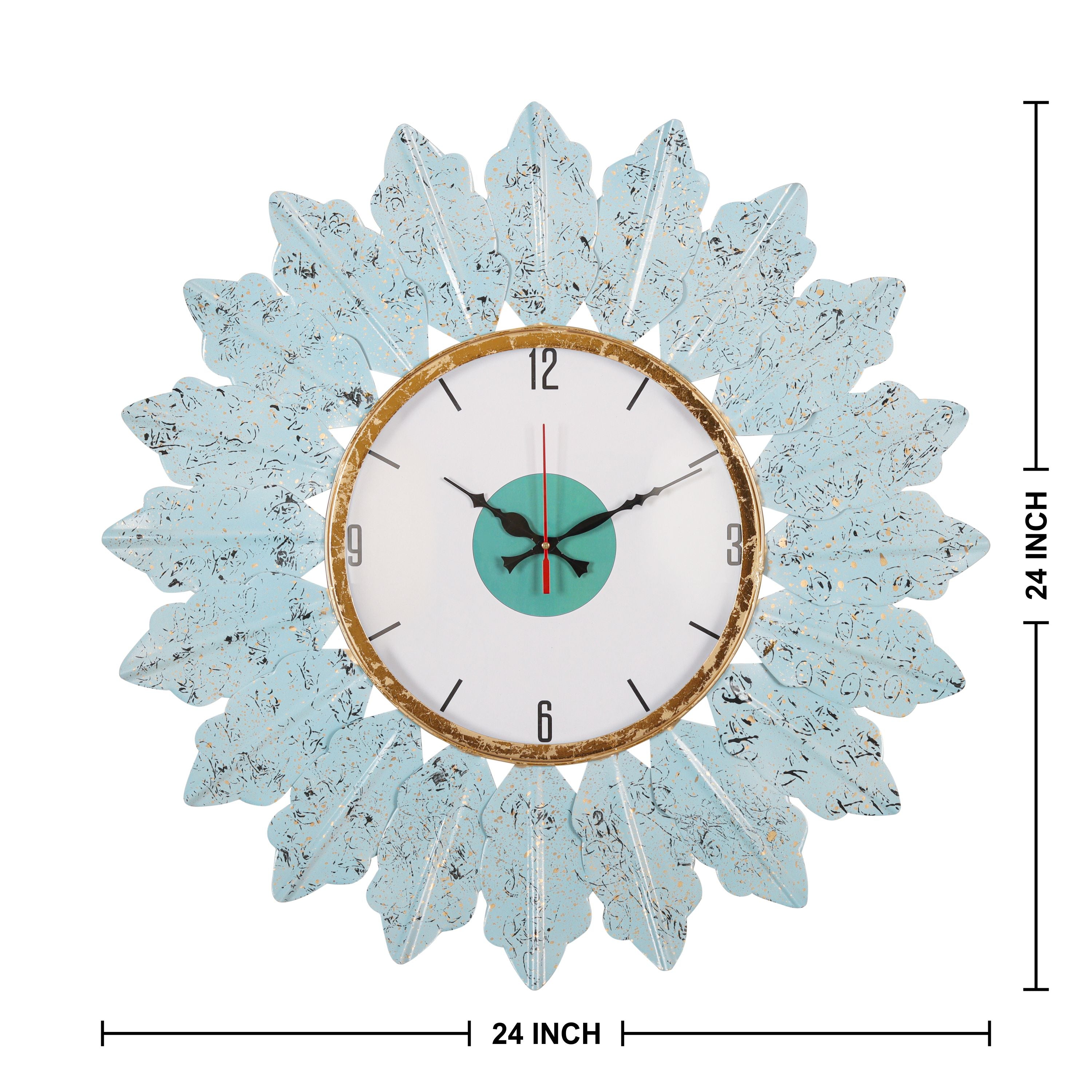 Vintage Blue Leaf Wall Clock with Gold Accents & Modern Dial