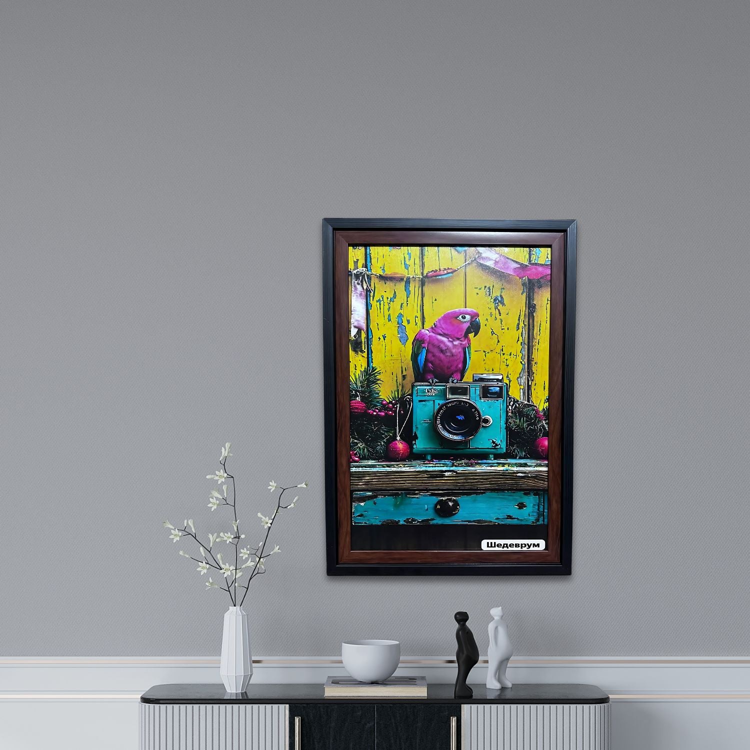 Colorful Parrot On Vintage Camera - Retro Artistic Wall Decor