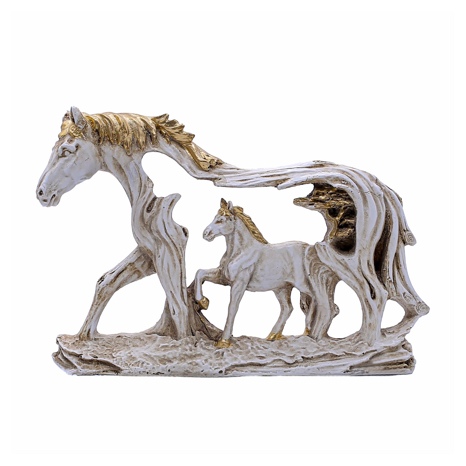 Elegant Horse Family Figurine With Gold Detailing and Artistic Tree Frame