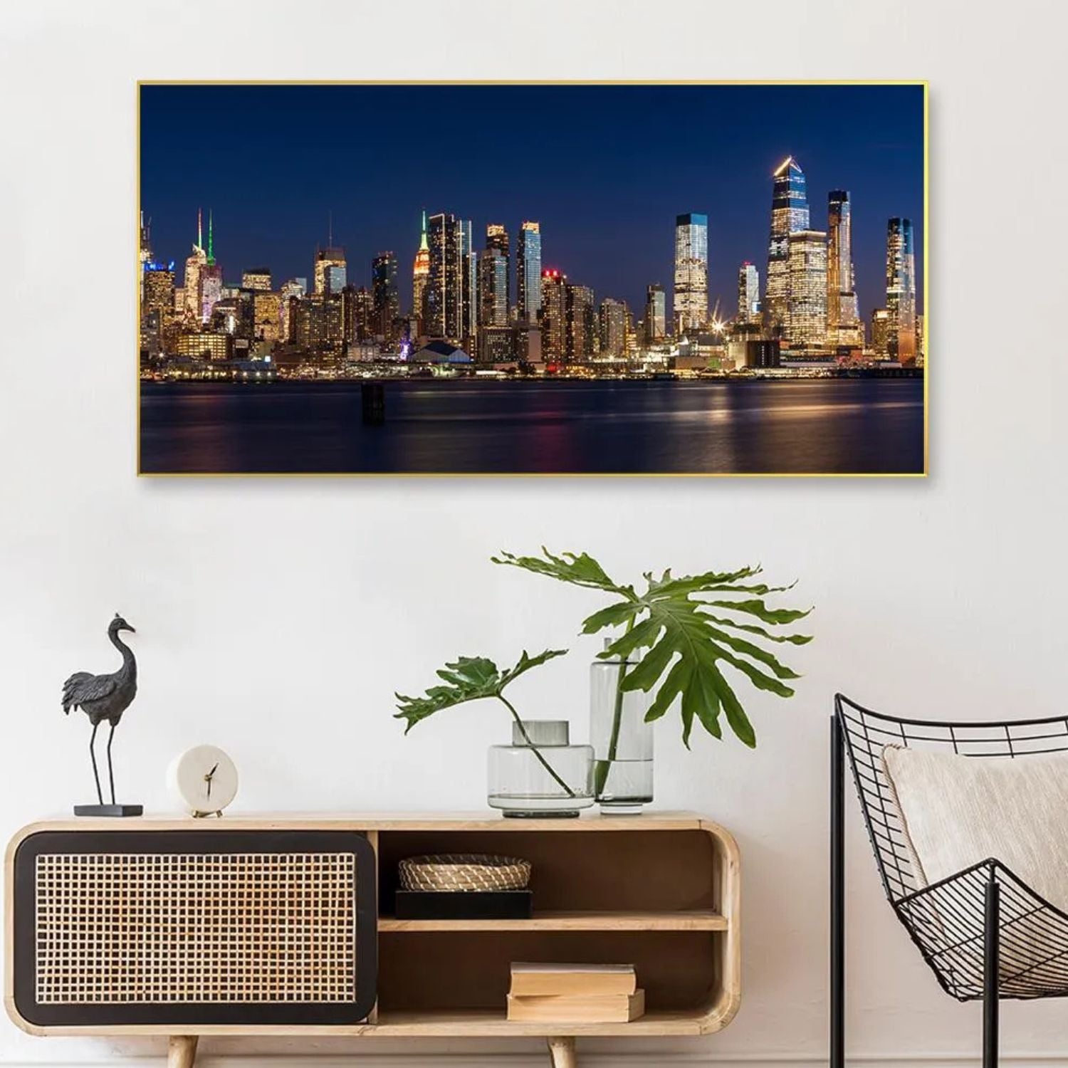Stunning Night City Skyline Framed Canvas Wall Art - Modern Urban Decor