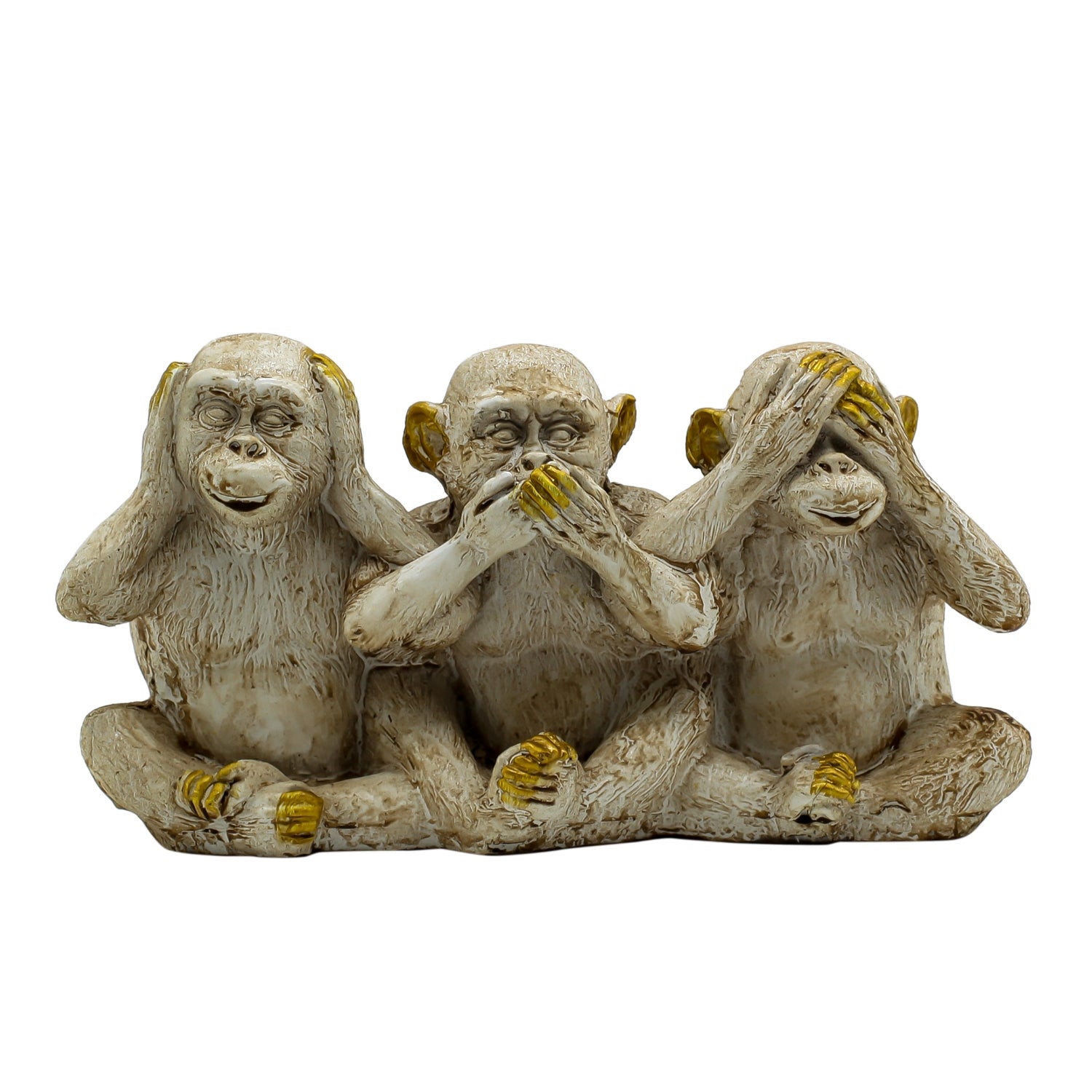 Three Wise Monkeys Sculpture With Gold Accents, Symbolizing Wisdom & Positivity