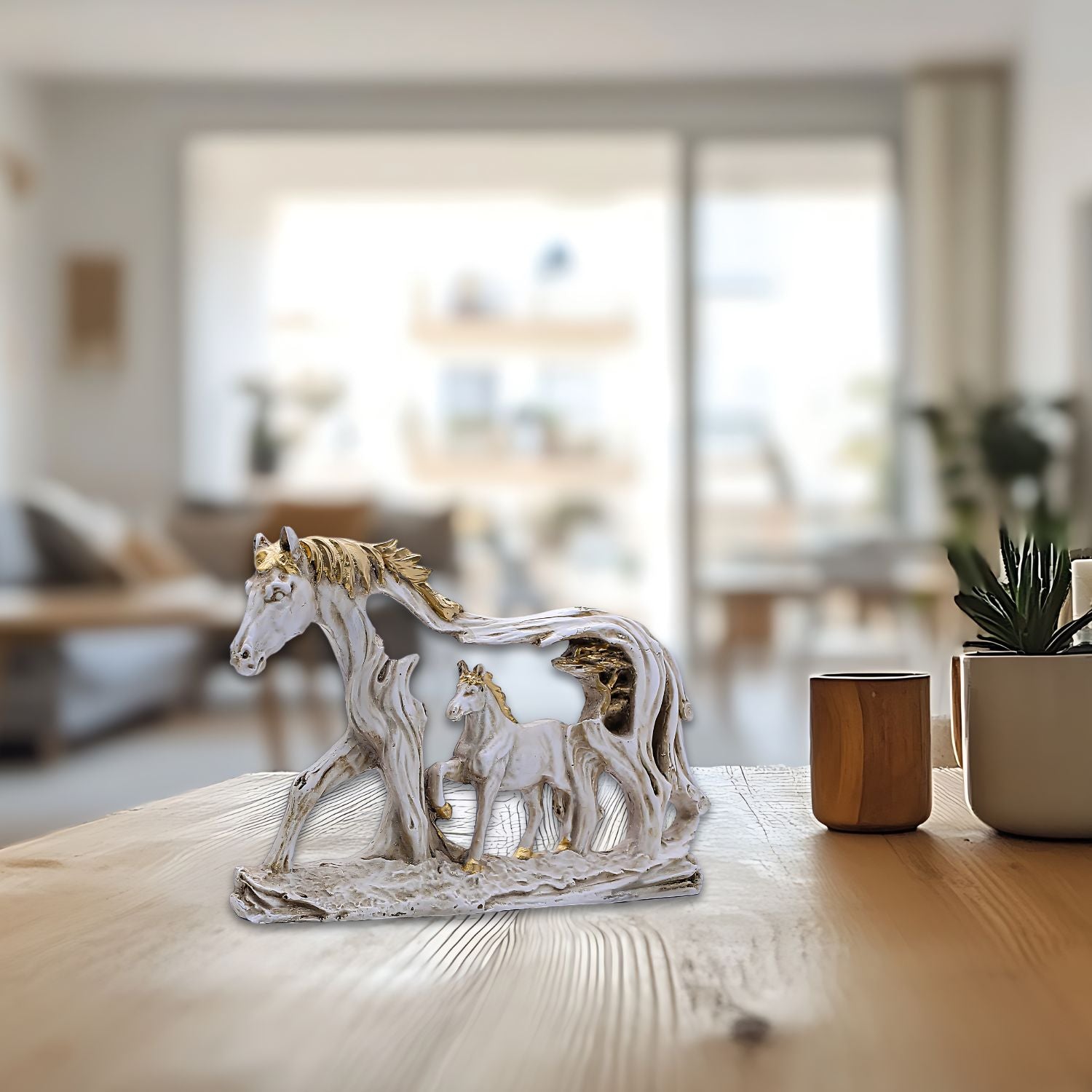 Elegant Horse Family Figurine With Gold Detailing and Artistic Tree Frame