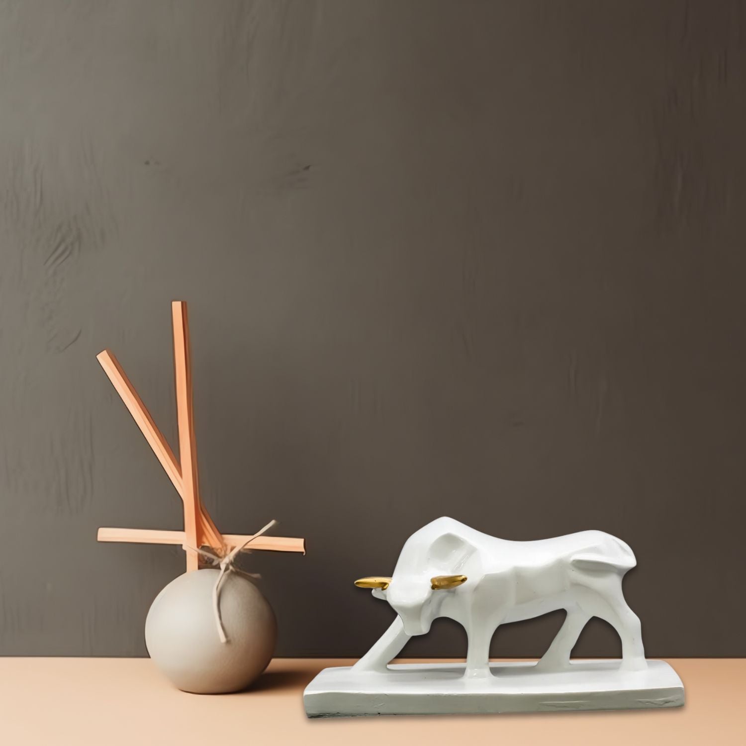 Elegant White Bull Sculpture With Gold Horns Perfect For Modern Home Decor Accent