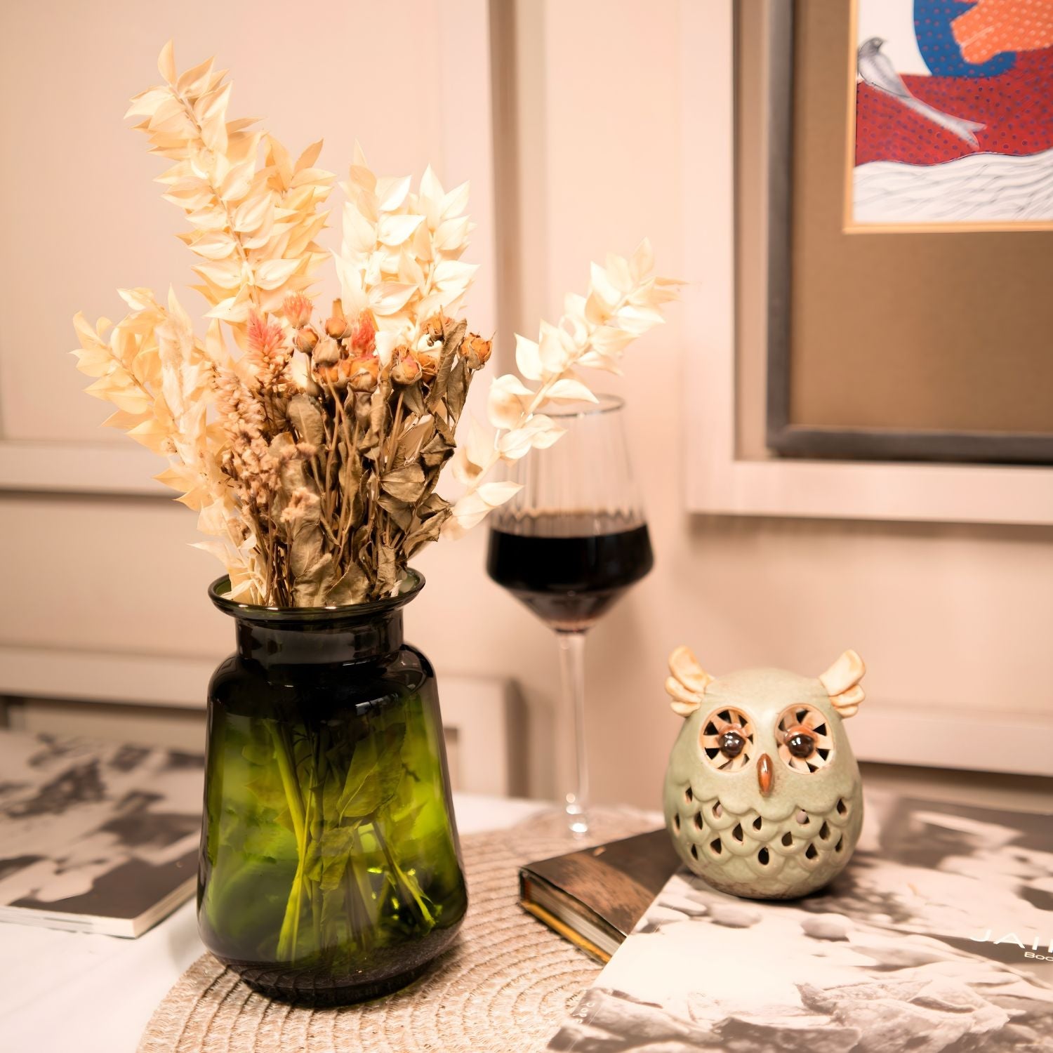 Elegant Emerald Glass Vase With Premium Decorative Dried Floral Bunch