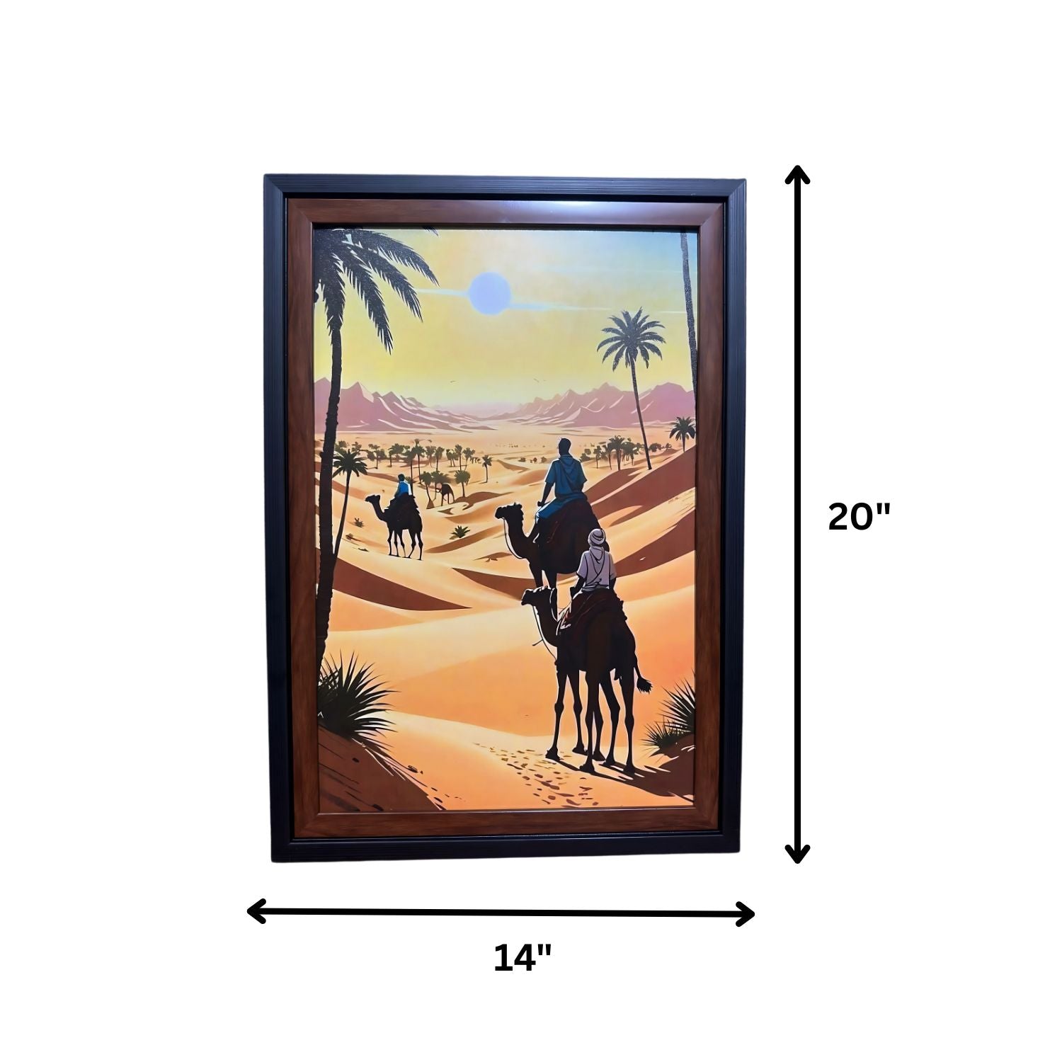 Camel Caravan In Desert Sunset - Framed Scenic Wall Art Painting Print