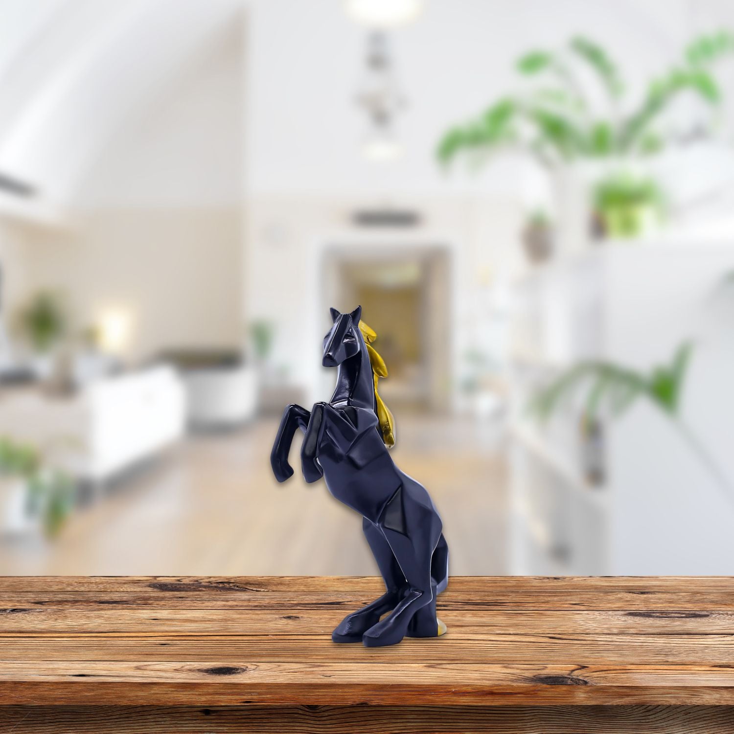 Elegant Sculpted Black Rearing Horse With Golden Mane and Tail Decor