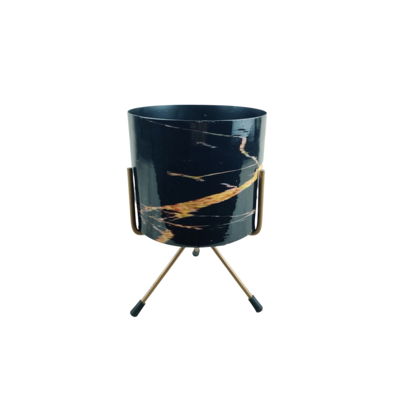 Stylish Round Tabletop Pot - Black Marble Print with Stand - Nestern