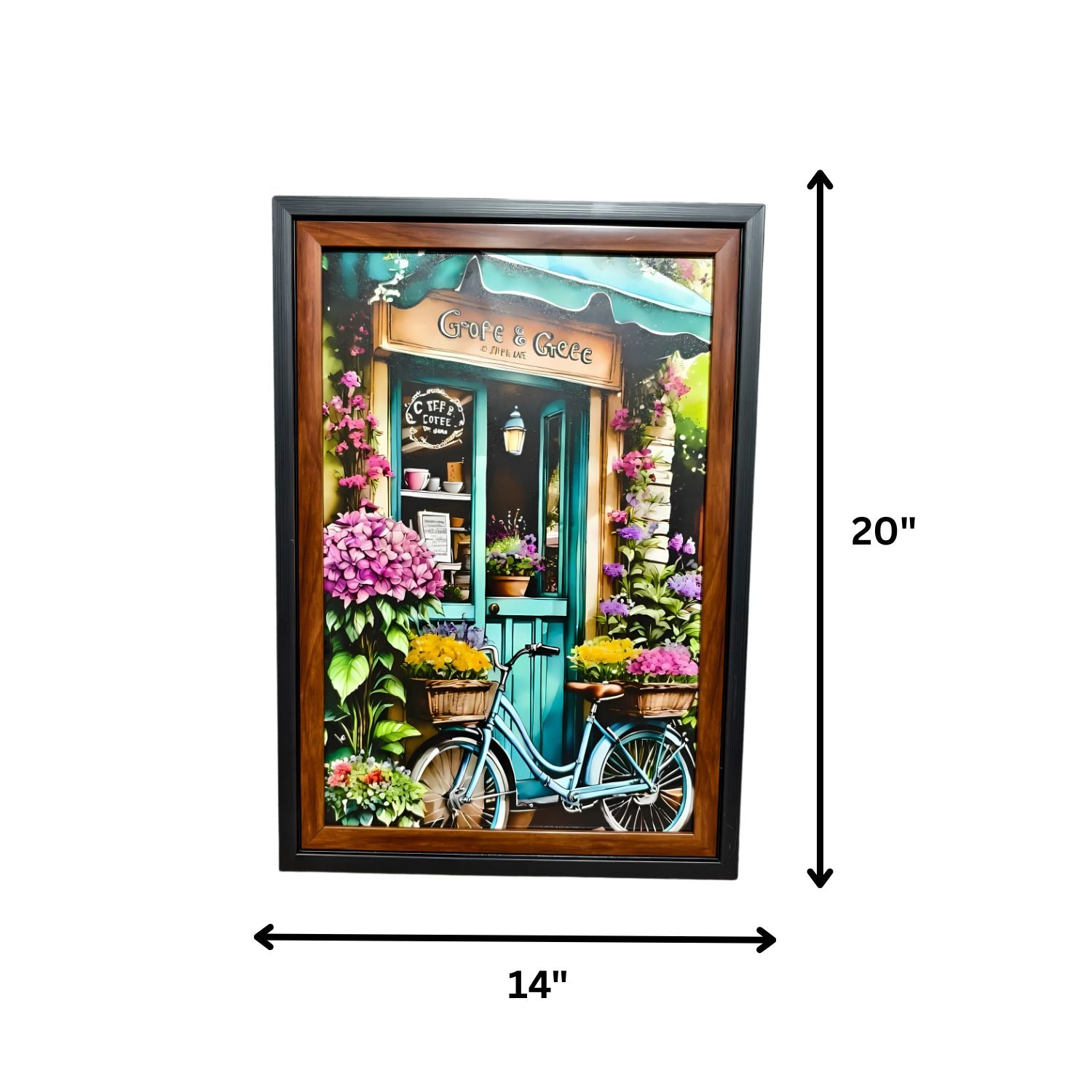 Vintage Floral Cafe With Bicycle Entrance Scenic Wall Art Painting